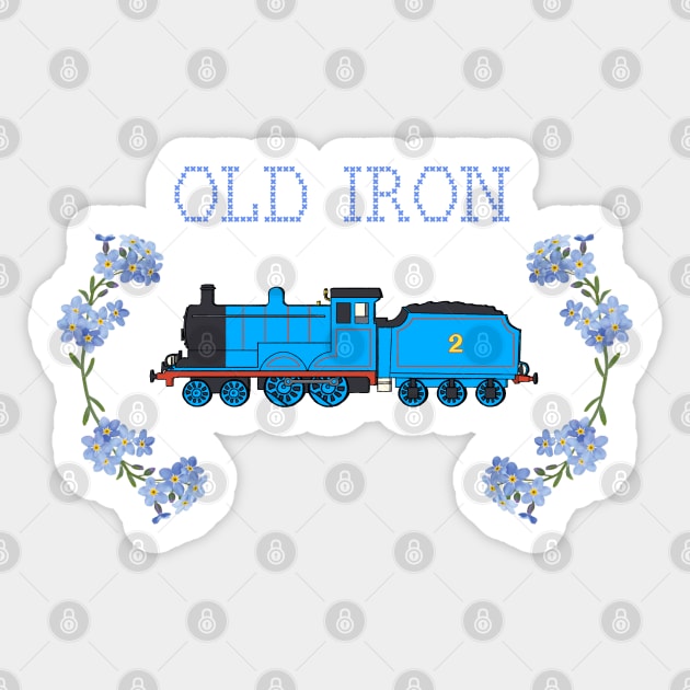 "Old Iron" not-so-cross-stitch – Edward the Blue Engine Sticker by sleepyhenry